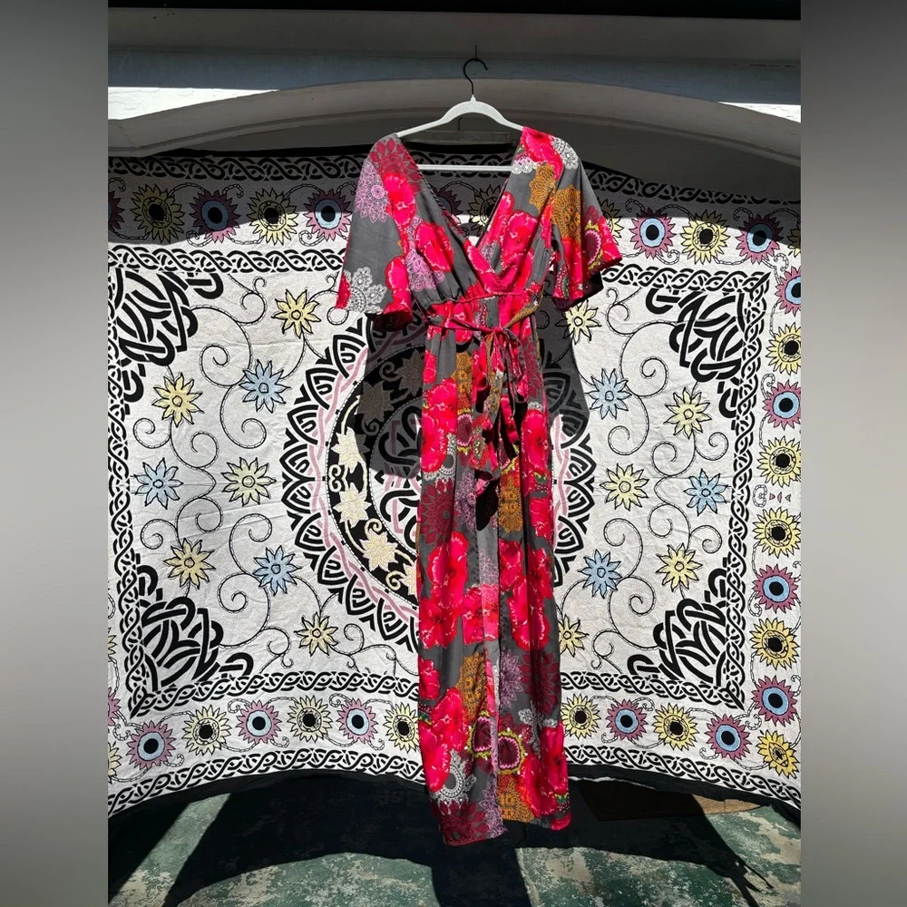 True Destiny Floral Kimono Dress Under Short Cape Skirt w/ Tie Waist Size Medium - Picture 9 of 16